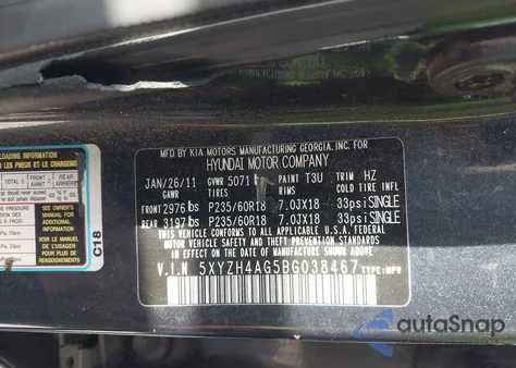 2011 Hyundai Santa Fe Se z USA, uszkodzony, nr VIN 5XYZH4AG5BG038467